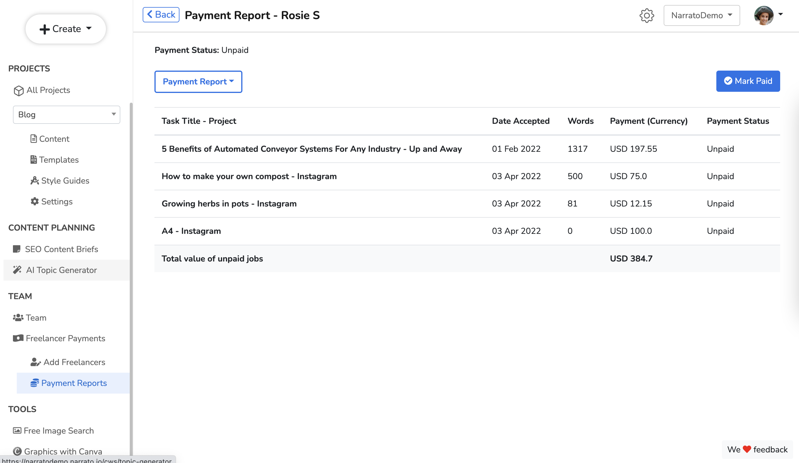 screenshot of Narrato Workspace